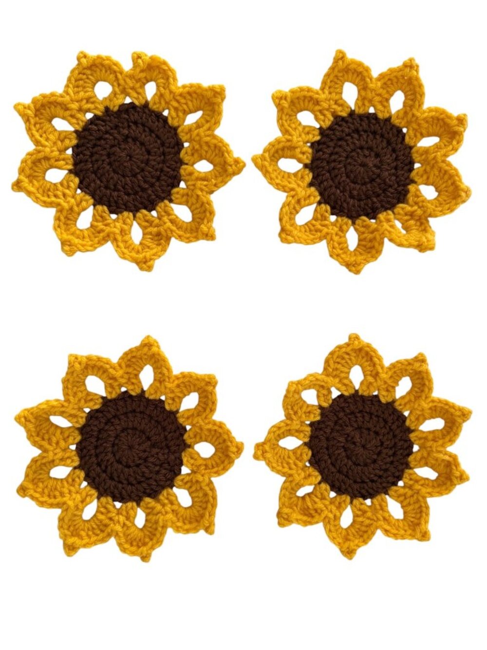 Handmade Crochet Sunflower Coasters Set Of 4 Decorative Yellow Brown 5" Diameter